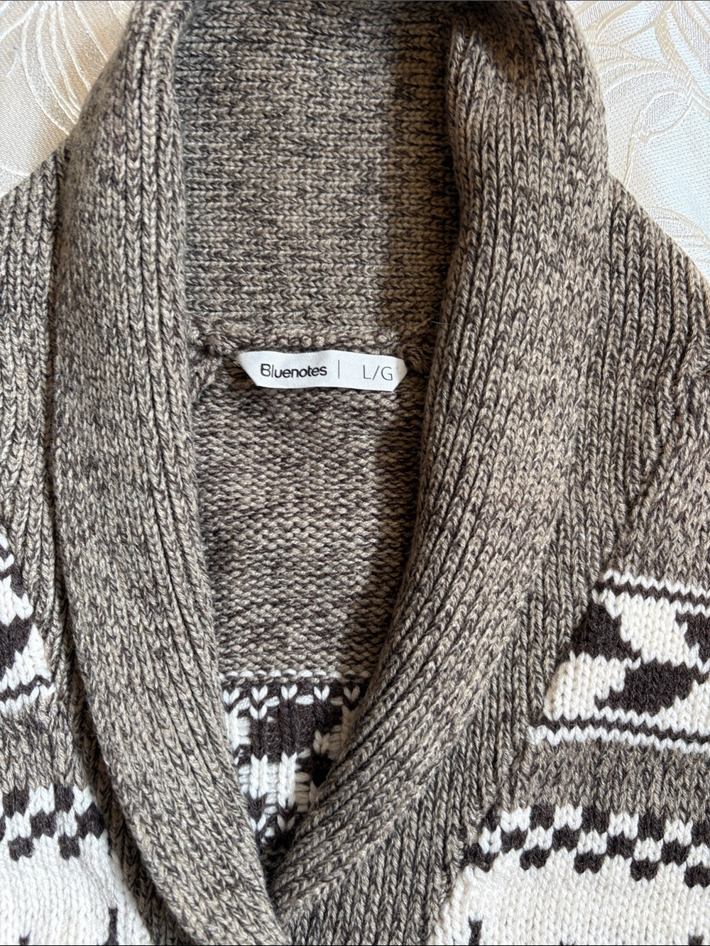 Bluenotes Brown and White Shawl Collar Reindeer Knit Cardigan - Women's Large - Picture 4 of 12